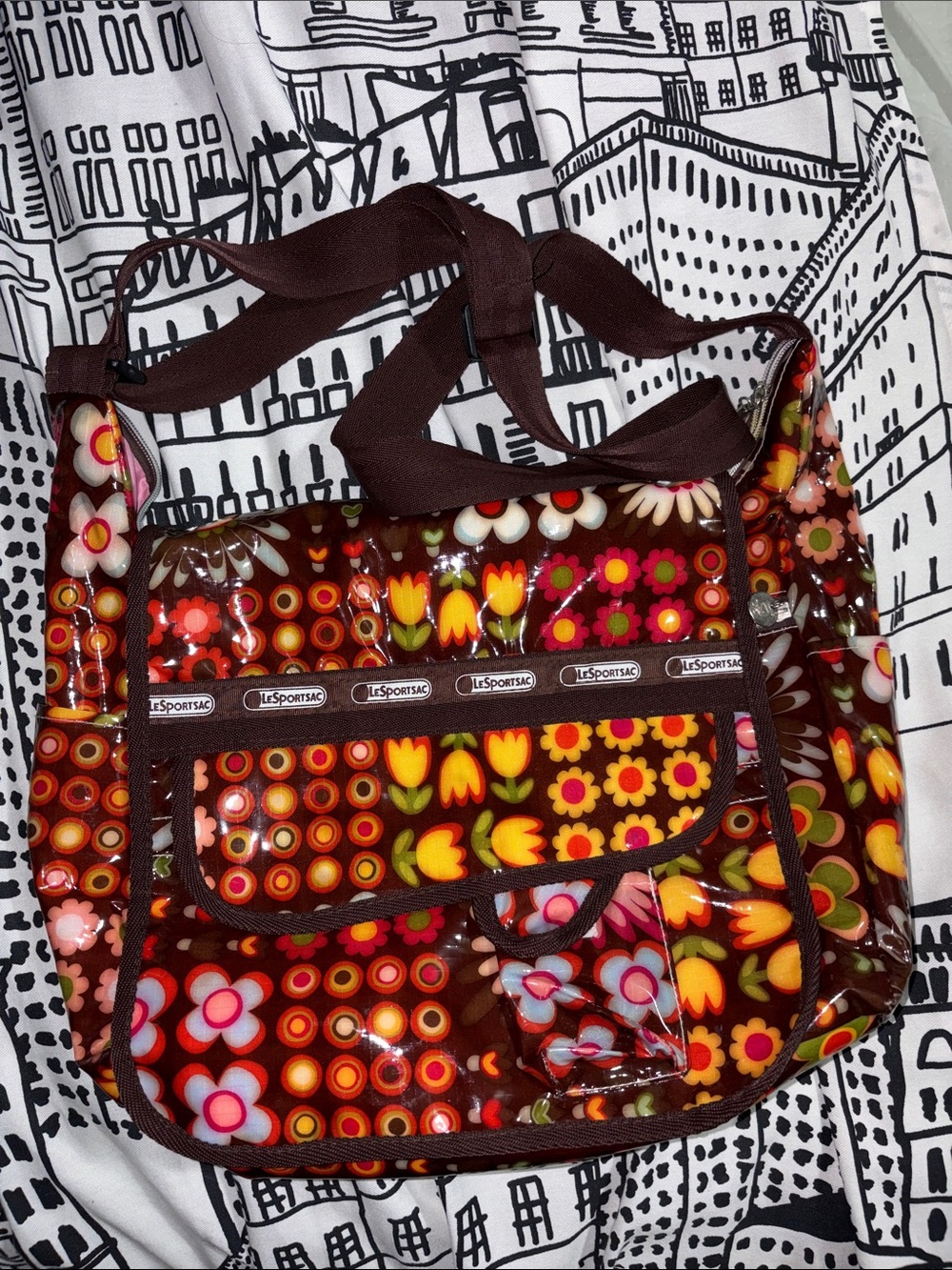 LeSportsac Brown Floral Vinyl Crossbody with Multicolor Flowers